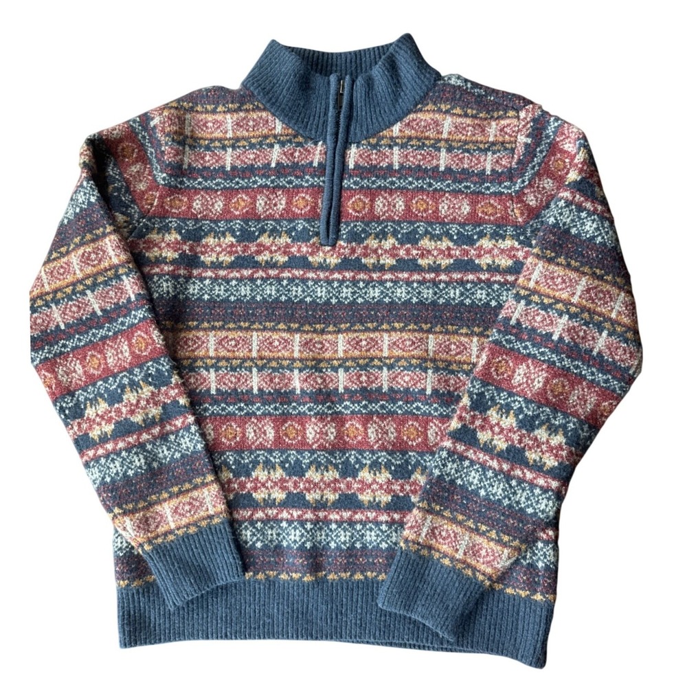 George Quarter Zip Sweater Mens Medium Blue Fair Isle Nordic Pullover NWT